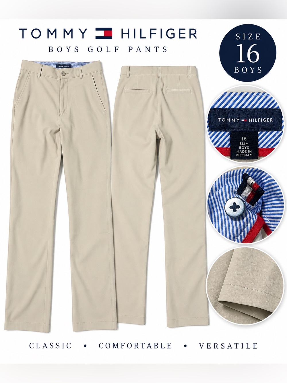 Tommy Hilfiger Boys Golf Pants Size 16 Slim Khaki Tan Chino Dress Adjustable